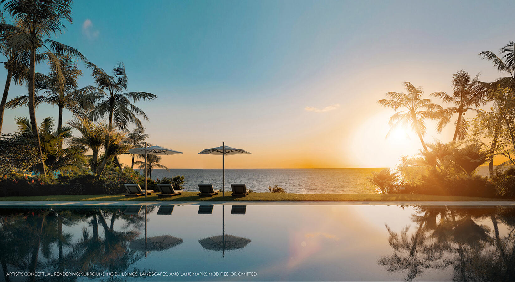 Piscina frente al mar al amanecer